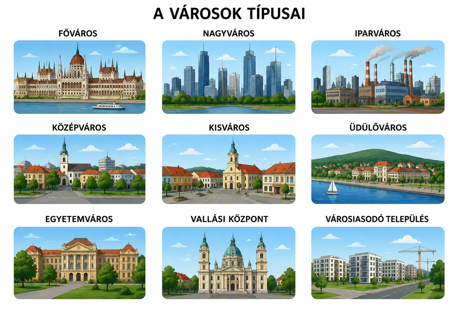 A kép különböző típusú városokra jellemzőket mutat be- mesterséges intelligenciával készült