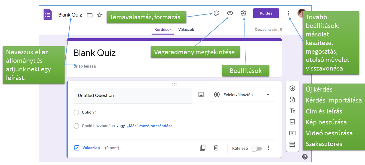 A Google Forms kezelőfelülete