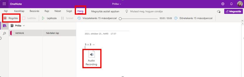 Hangfelvétel OneNote alkalmazásban