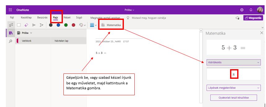 OneNote matematikai művelet