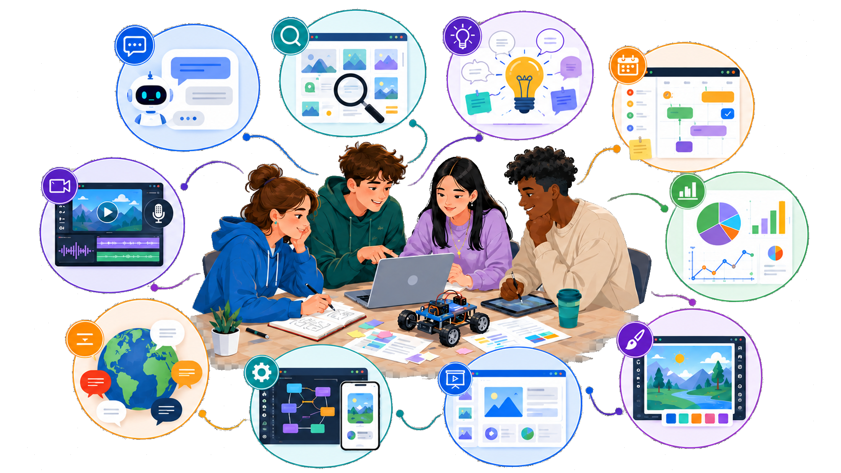Studenti che collaborano con strumenti di progetto supportati dall'IA