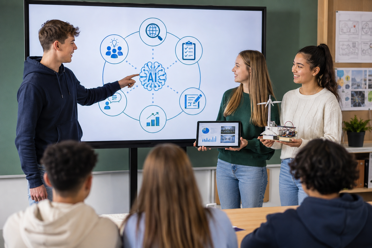 Studenti che presentano e spiegano come il loro gruppo ha utilizzato l'IA