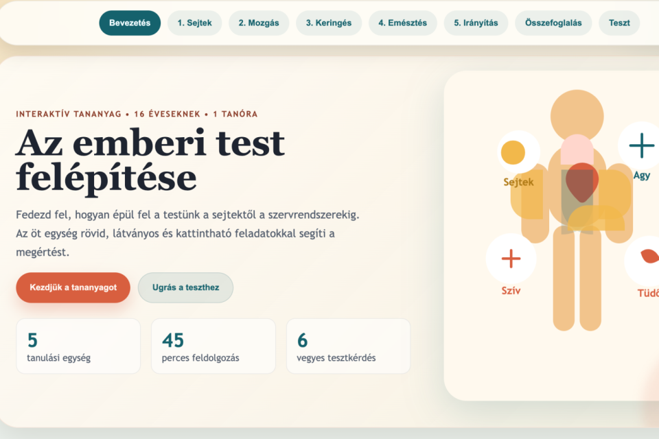 Az emberi test - interaktív tananyag készítése (Modell: Codex 5.4)