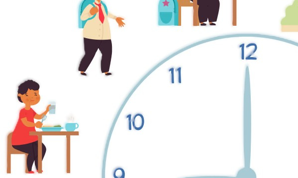 a boy's daily routine pics displayed over a clock