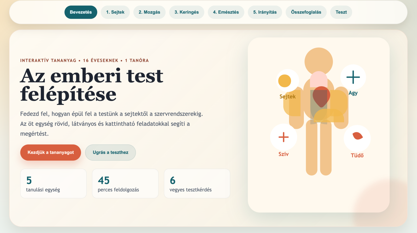 Az emberi test - interaktív tananyag készítése (Modell: Codex 5.4)