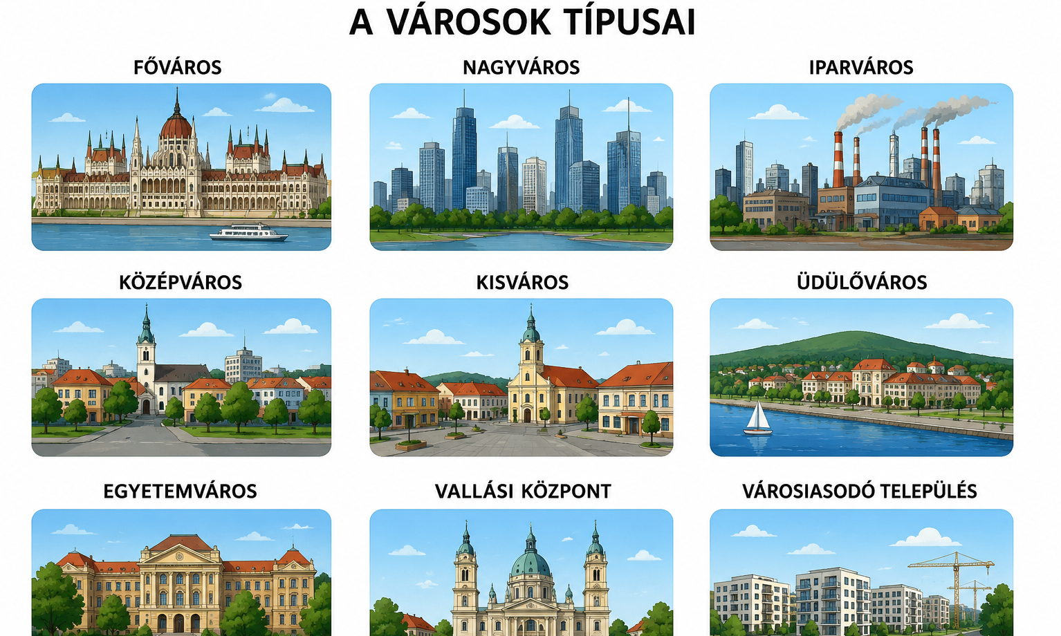 A kép különböző típusú városokra jellemzőket mutat be- mesterséges intelligenciával készült
